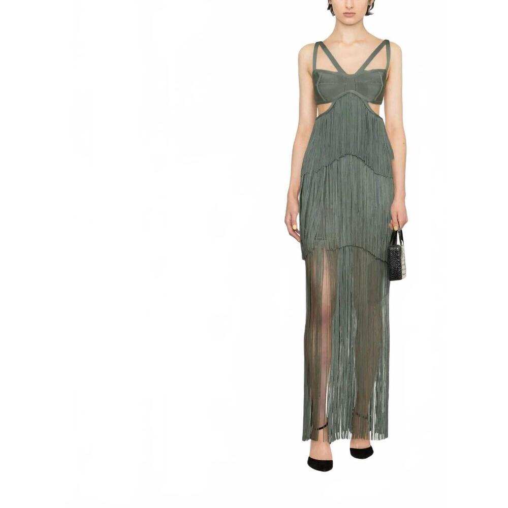 NEW HERVE LEGER tiered fringe maxi gown in willow green - Picture 4 of 5